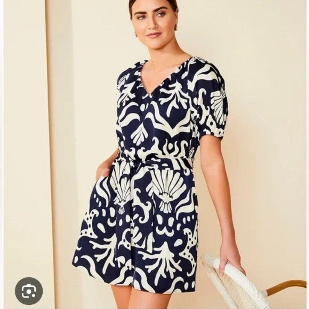 Alex Marie abstract dress Medium belted puff sleeve pocket shell navy print